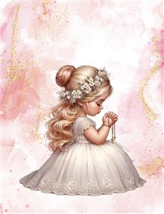 پوستر دیواری نقاشی دختربچه در حال دعا با تم صورتی و طلایی مناسب تزیین هتل، لابی و اتاق خواب