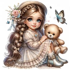 طرح دختر مو بلند و خرس تدی مهربان ویژه پوستر دیواری سه بعدی اتاق کودک و چاپ روی دفترچه یادداشت