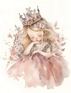 تصویر آبرنگی پرنسس کوچک خفته با تاج پادشاهی برای پوستر دیواری اتاق نوزاد و چاپ روی کالای خواب نخی