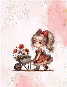 نقاشی دختربچه و فرغون گل‌های شقایق برای پوستر دیواری آشپزخانه، اتاق کودک و چاپ روی ظرف‌های تزیینی