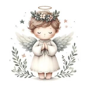 طرح مینیمال فرشته در حال عبادت و شاخه‌های زیتون ویژه پوستر دیواری اتاق نوزاد و چاپ روی تیشرت و ماگ