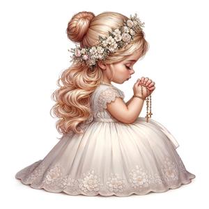 تصویر دختر نجیب در حال دعا با تاج گل برای پوستر دیواری اتاق خواب، تابلو شاسی و دکوراسیون مهدکودک