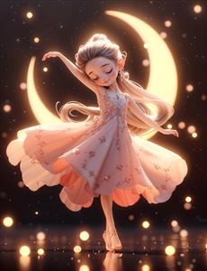 تصویر سه بعدی رقص باله دخترانه در درخشش ماه و ستاره مناسب پوستر دیواری سالن رقص و اتاق خواب لوکس