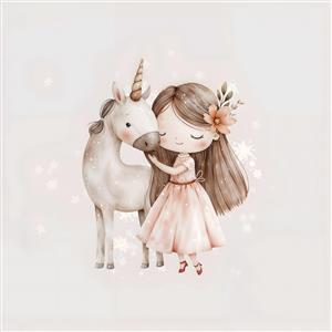 نقاشی آبرنگی دختربچه و اسب تک‌شاخ رویایی مناسب پوستر دیواری اتاق کودک و نوزاد، چاپ روی روتختی و پرنده فانتزی