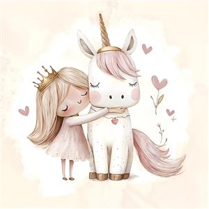 پوستر دیواری سه بعدی اسب تک‌شاخ و پرنسس کوچک با قلب‌های معلق برای تزیین مهدکودک و اتاق بازی