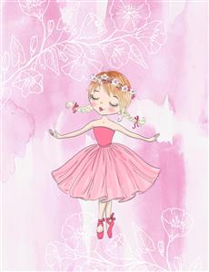 بالرین فانتزی در میان گل‌های سفید و پس‌زمینه صورتی آبرنگی مناسب برای پوستر دیواری عمودی و تابلو اتاق کودک