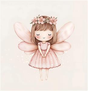طرح فرشته کوچک با بال‌های حریر صورتی و تاج گل مناسب چاپ روی کوسن، دفترچه و پوستر دیواری اتاق نوزاد