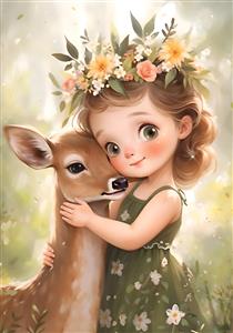 تصویر باکیفیت آغوش صمیمانه دختر و آهو با تاج گل طبیعی ویژه پوستر دیواری پذیرایی و سالن‌های زیبایی