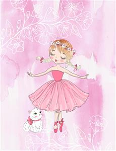 پوستر دیواری هنری دختر بالرین با لباس پف‌دار صورتی و گربه ملوس برای دکوراسیون آتلیه و اتاق دخترانه