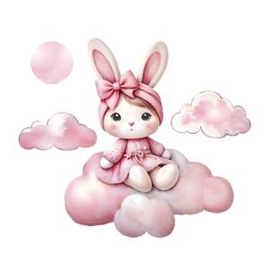پوستر دیواری مدرن خرگوش صورتی روی ابر برای تزیین دیوار اتاق نوزاد و چاپ روی سیسمونی و پرده