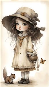 تصویر هنری دختر با کلاه لبه‌دار و سنجاب کوچک مناسب برای تابلوهای دکوراتیو کلاسیک و پوستر دیواری پذیرایی