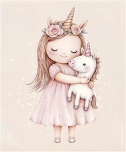 طرح فانتزی دختر و تک‌شاخ رویایی با طیف رنگی کرم و صورتی برای پوستر دیواری و کاغذ دیواری اتاق کودک