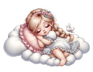 تصویر خواب شیرین دختربچه روی ابر با کبوتر سفید ویژه پوستر دیواری سقف و اتاق نوزاد و چاپ روتختی