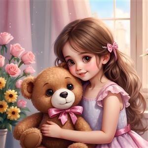 پوستر دیواری سه بعدی آغوش دختر و خرس عروسکی با تم گل‌های آفتابگردان برای دکوراسیون داخلی اتاق خواب