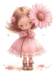 طرح دخترک معصوم با گل بزرگ صورتی مناسب چاپ روی پرده پانچی و پوستر دیواری اتاق خواب دخترانه