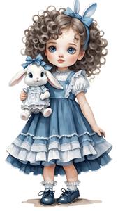 تصویر باکیفیت دختربچه با لباس آبی پف‌دار و عروسک خرگوش برای تابلو دکوراتیو و پوستر دیواری عمودی