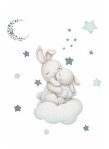 پوستر دیواری فانتزی خرگوش‌های عاشق روی ابر با تم ستاره و ماه برای اتاق خواب نوزاد و لابی بخش اطفال