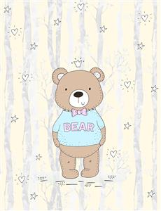 خرس مهربان با پاپیون در جنگل رویایی مناسب پوستر دیواری پذیرایی کودک، مهدکودک و چاپ روی جلد نوت‌بوک