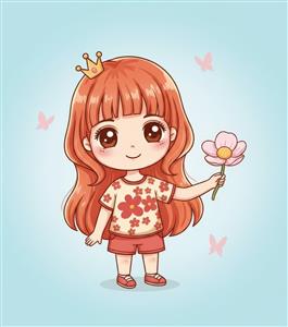 طرح دختر کوچولوی تاج‌دار با گل صورتی ویژه پوستر دیواری اتاق پرنسس‌ها و چاپ روی پرده و فرش فانتزی کودک