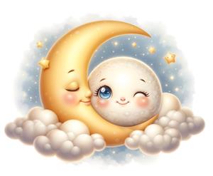 تصویر فانتزی ماه و ستاره‌های درخشان مناسب پوستر دیواری سقفی اتاق نوزاد و چاپ روی لوستر و آباژور اتاق کودک