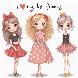 طرح دختران شاد با دامن‌های پف‌دار صورتی و خال‌خالی سفید برای پوستر دیواری عریض و تزیین دیوار پشت تختخواب کودک