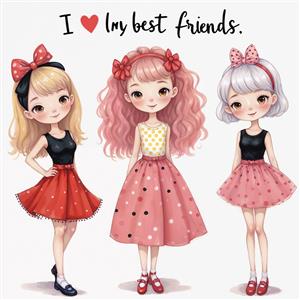 تصویر دختران فانتزی با دامن‌های خال‌خالی و رنگ صورتی ملایم جهت نصب در اتاق خواب، مهدکودک و چاپ بر روی لیوان و ماگ