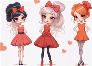 تصویر کارتونی سه دختربچه با پیراهن‌های قرمز و نارنجی فانتزی مناسب پوستر دیواری اتاق کودک و نوزاد و چاپ روی روتختی