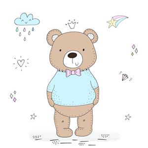 تصویرسازی خرس عروسکی بامزه با پاپیون و ستاره‌های فانتزی جهت پوستر دیواری اتاق کودک، مهدکودک و چاپ روی روتختی