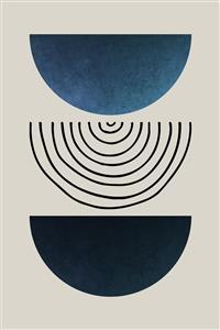 طرح گرافیکی نیم‌دایره‌های سیاه و آبی با خطوط منحنی مخصوص پوستر دیواری مدرن پشت تخت و تابلوی دکوراتیو اتاق نشیمن