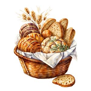 نقاشی آبرنگی انواع نان در سبد چوبی با طراحی کلاسیک مناسب برای پوستر دیواری فودکورت، پرده چاپی آشپزخانه و رومیزی