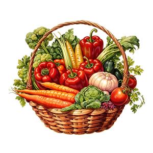 سبد حصیری مملو از سبزیجات تازه شامل فلفل دلمه‌ای، هویج و سیر با سبک نقاشی برای پوستر دیواری آشپزخانه و دکوراسیون میوه‌فروشی لوکس