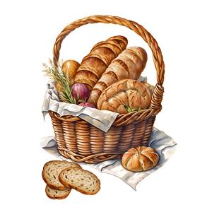 تصویر دوربری شده سبد حصیری نان‌های فانتزی و باگت با خوشه‌های گندم ویژه چاپ روی بنر نانوایی، تابلوی دکوراتیو آشپزخانه و کاور دفترچه یادداشت