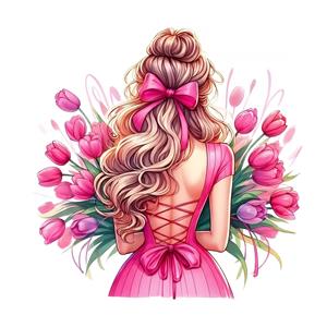 تصویر فانتزی دختر از پشت سر با لباس صورتی و موهای پاپیون زده در میان گل‌های لاله برای چاپ پوستر ولنتاین