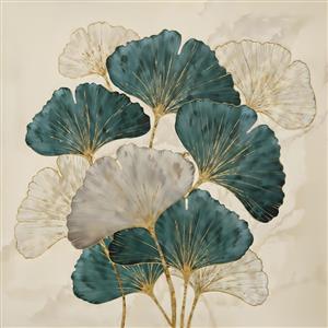 پوستر دیواری مدرن طرح برگ‌های جینکو به رنگ سبز کله‌غازی و طلا ویژه دکوراسیون دیوار پشت مبل