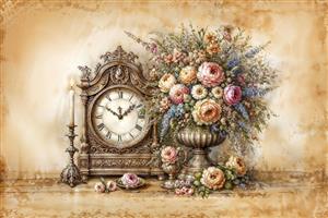 طرح نوستالژیک ساعت قدیمی و گلدان گل وینتیج مناسب پوستر دیواری کافی‌شاپ و محیط‌های کلاسیک
