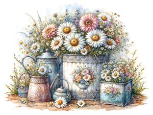 طرح آبرنگی قوری و سطل گل‌های بابونه صحرایی مناسب چاپ روی شید آباژور، کوسن و پوستر دیواری