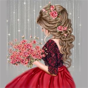 پوستر دیواری فانتزی دختر با لباس قرمز و دسته گل رز مناسب سالن‌های زیبایی و اتاق خواب مدرن