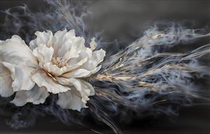 پوستر دیواری سه بعدی گل سفید با دنباله دودی انتزاعی لوکس برای پشت تلویزیون و لابی هتل