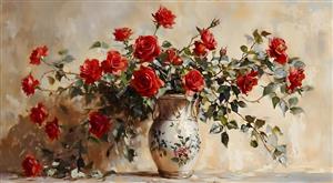 نقاشی رنگ روغن گلدان رزهای قرمز کلاسیک ایده آل برای پوستر دیواری عریض و تابلو بوم هتل و ویلا
