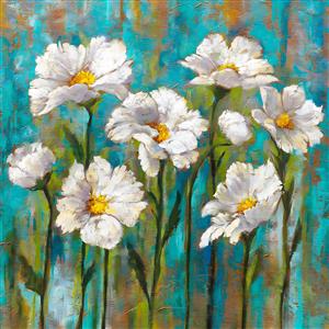 نقاشی مدرن گل‌های آفتاب‌گردان سفید با پس‌زمینه فیروزه‌ای ویژه پوستر دیواری و بوم دکوراتیو اتاق کودک