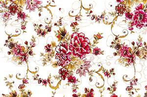 طرح پارچه و کاغذ دیواری با گل‌های زرشکی و شاخ و برگ طلایی ویژه پوستر دیواری اتاق خواب مستر