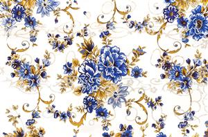 الگوی اسلیمی گل‌های آبی و طلایی لوکس مناسب برای چاپ پارچه مبلی، روتختی و کاغذ دیواری پذیرایی