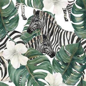 پوستر دیواری طرح گورخر و برگ‌های استوایی با گل‌های سفید ویژه دکوراسیون ویلا و اتاق نشیمن