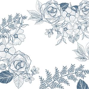 الگوی خطی گلهای رز آبی و سفید مناسب برای روتختی، کاغذ دیواری و چاپ روی ظروف تزیینی