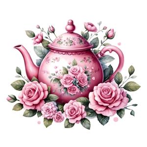 طرح فانتزی قوری صورتی با گل رز برای چاپ روی ماگ، کوسن و پرده اتاق خواب دخترانه و آشپزخانه