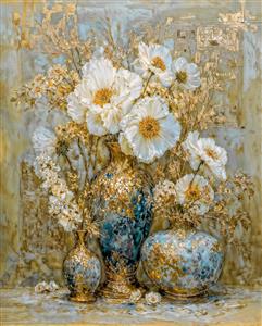 تابلو بوم دکوراتیو طرح گلدان‌های کلاسیک با گل‌های سفید و جزئیات طلایی لوکس مناسب سالن پذیرایی و لابی هتل