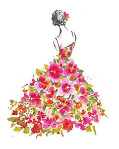 نقاشی آبرنگی انتزاعی از فیگور زن با دامن پوشیده از گل‌های سرخ برای پوستر دیواری سالن مد و مزون‌های لباس عروس و مجلسی