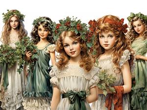 کاراکترهای مینیاتوری دختران فرشته با تاج گل‌های پاییزی مناسب چاپ کتاب داستان، پوستر دیواری اتاق کودک و تم تولد فانتزی