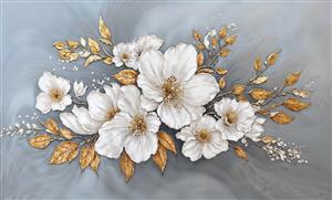 طرح مدرن گل‌های سفید و برگ‌های طلایی بر روی پس‌زمینه طوسی ابروبادی برای پوستر دیواری پشت تلویزیون و رومیزی‌های شیک