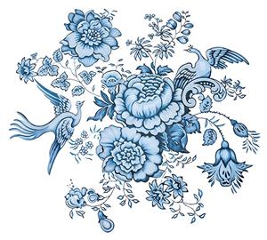 طرح اسلیمی پرنده و گل‌های ختایی به رنگ آبی کلاسیک مناسب برای چاپ فرش، رومیزی و پوستر دیواری سنتی خانه‌های ایرانی